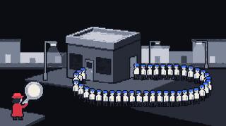 Pixel illustration: a queue of identical people walks out of a shop's back door and joins its own front line again, while a figure in red studies the loop through a magnifying glass.