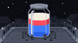 Pixel illustration: a giant glass jar stands in a town square at night, filled with three layers of liquid, blue, red and cream, while people look in.